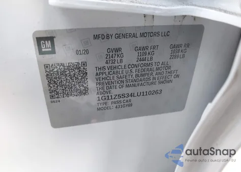 2020 Chevrolet Impala Fwd Lt z USA, uszkodzony, nr VIN 1G11Z5S34LU110263